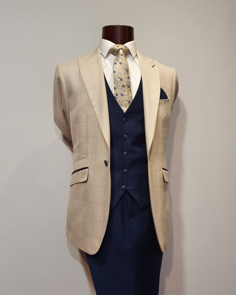 Beige Suit Set With Tie Design by Soniya G Men at Pernia's Pop Up Shop 2024